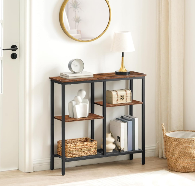 Console Table, Narrow Side Table, Sofa Table, 4-Tier Industrial Hallway Table with Metal Mesh Shelf and Adjustable Feet, for Entryway, Living Room, Hallway, Rustic Brown and Black