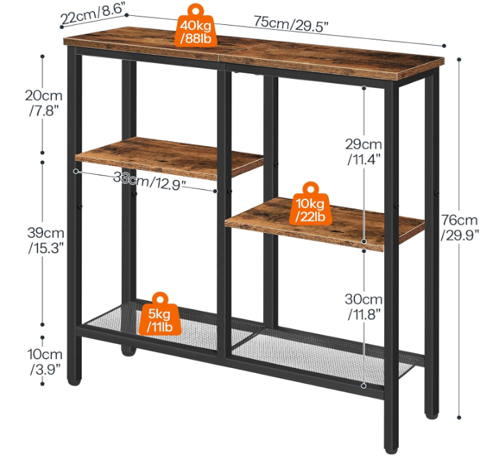 Console Table, Narrow Side Table, Sofa Table, 4-Tier Industrial Hallway Table with Metal Mesh Shelf and Adjustable Feet, for Entryway, Living Room, Hallway, Rustic Brown and Black