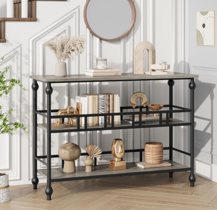 Console Table, 3-Tier Sofa Tables Narrow Entryway Table with Storage, 43" Behind Couch Table Industrial Hallway Table Home Furniture for Living Room, Foyer, Bedroom, Rustic Gray