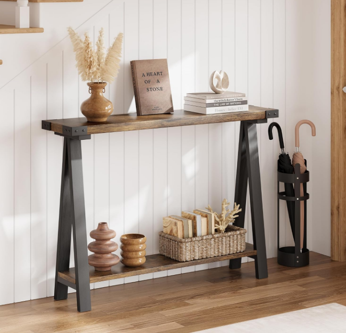 Farmhouse Console Table, 43.3" Entryway Table with Storage, 2 Tier Sofa Table with Metal Frame and MDF, Behind Couch Table for Living Room, Hallway, Entryway-Rustic Brown Brand: GAOMON