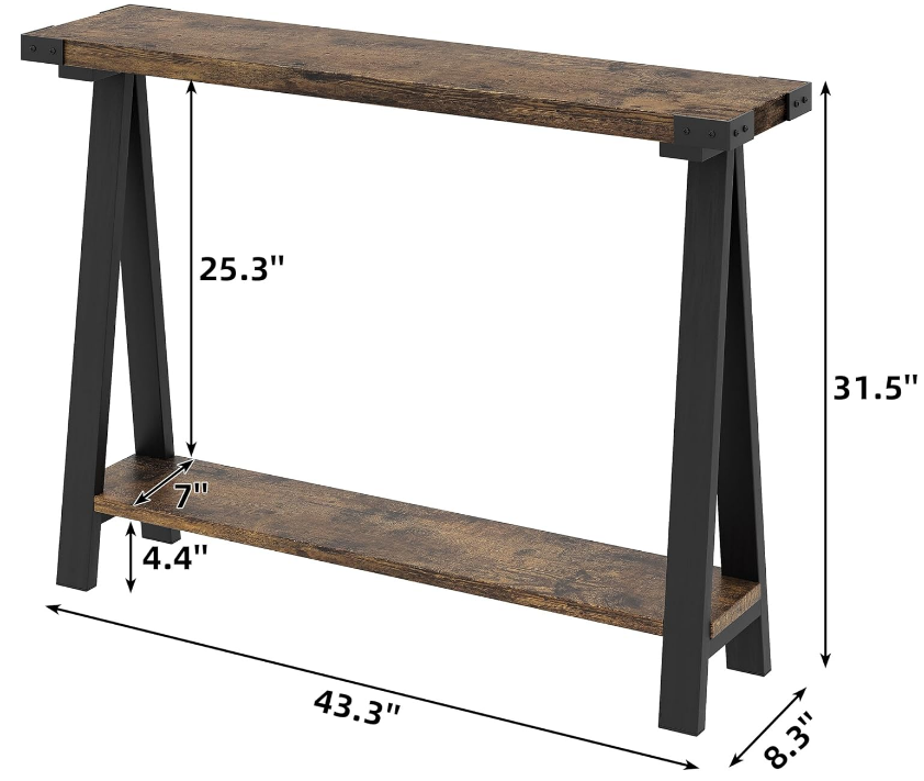 Farmhouse Console Table, 43.3" Entryway Table with Storage, 2 Tier Sofa Table with Metal Frame and MDF, Behind Couch Table for Living Room, Hallway, Entryway-Rustic Brown Brand: GAOMON
