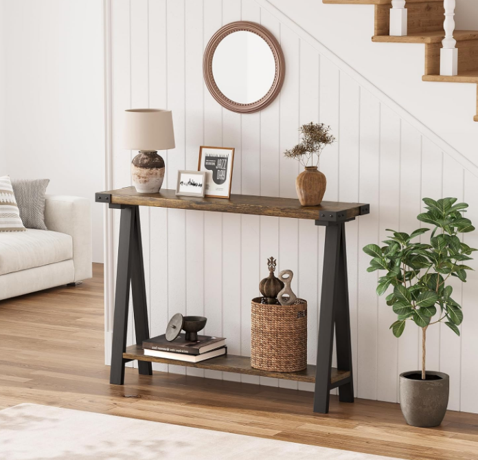 Farmhouse Console Table, 43.3" Entryway Table with Storage, 2 Tier Sofa Table with Metal Frame and MDF, Behind Couch Table for Living Room, Hallway, Entryway-Rustic Brown Brand: GAOMON