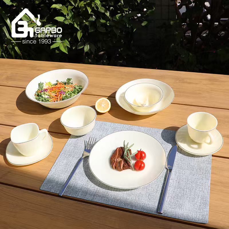 Opal Dinnerware With Solid Yellow Color Opal Glassware Dinner Set Dishwasher Safe Home Luxury Dinnerware With Gold Rim Opalware -4