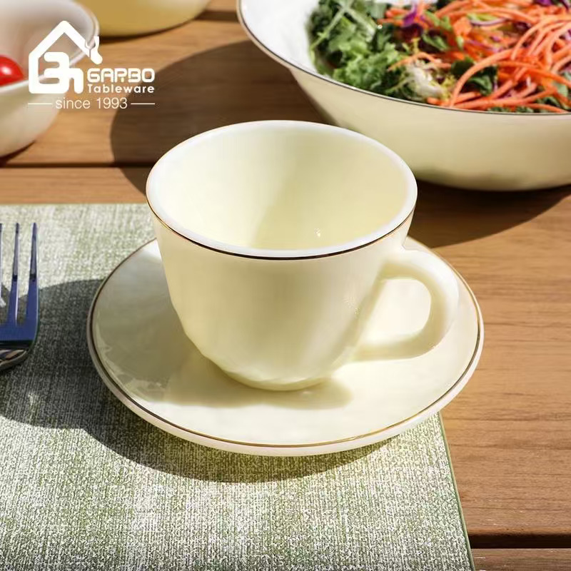 Opal Dinnerware With Solid Yellow Color Opal Glassware Dinner Set Dishwasher Safe Home Luxury Dinnerware With Gold Rim Opalware -5