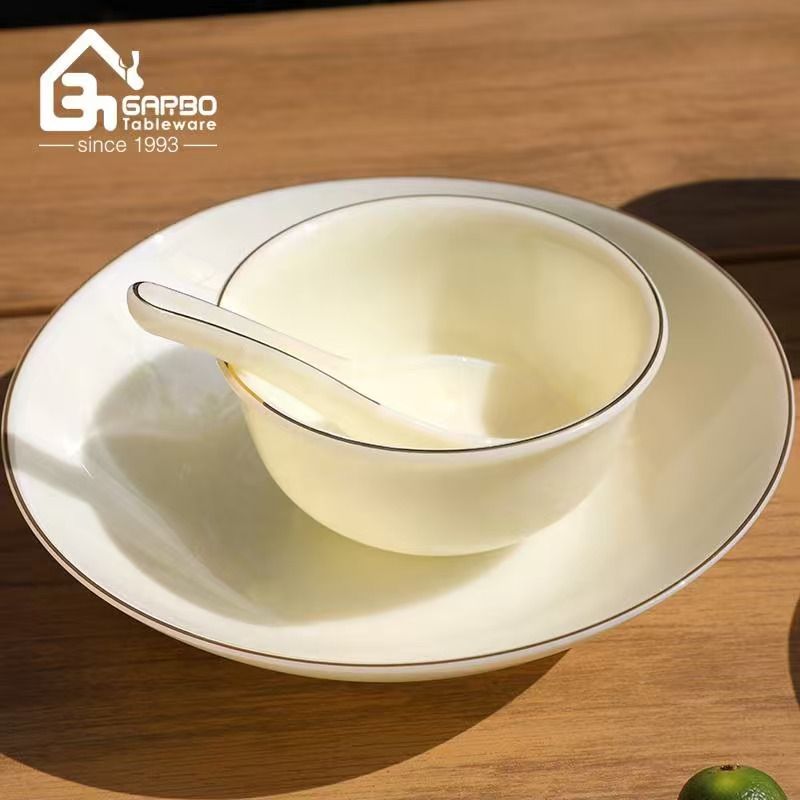 Opal Dinnerware With Solid Yellow Color Opal Glassware Dinner Set Dishwasher Safe Home Luxury Dinnerware With Gold Rim Opalware -1