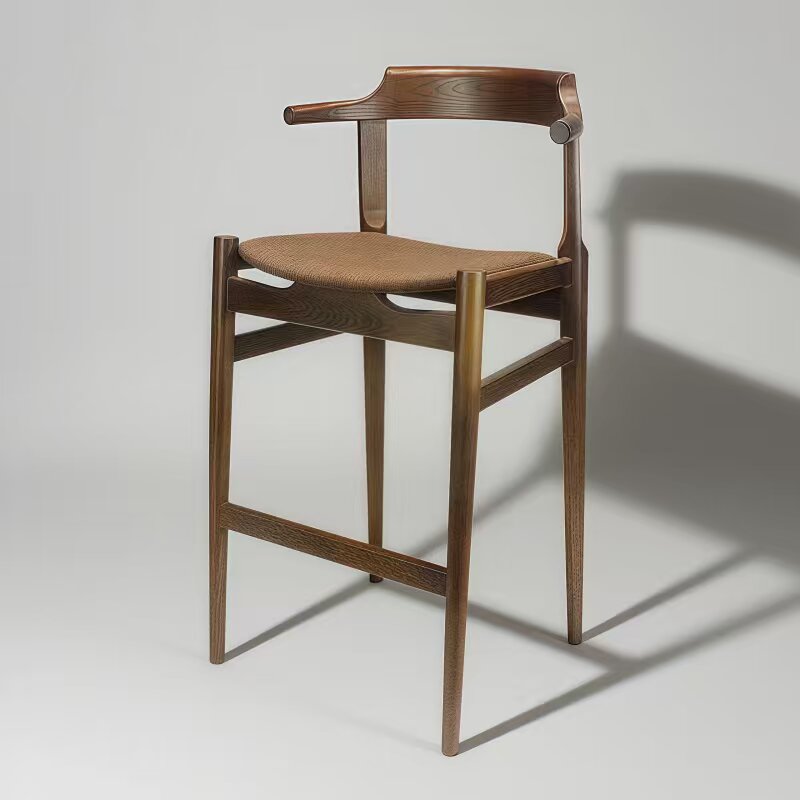 Wholesales Furniture Modern Wooden Bar Stool Simple Furniture High Chair Solid Wood Arm High Legs Stool With Backseat -3
