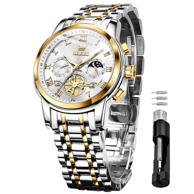 OLEVS Watches for Men Chronograph Business Wrist Watches Analog Quartz Moon Phase Stainless Steel Waterproof Luminous Dress Watches