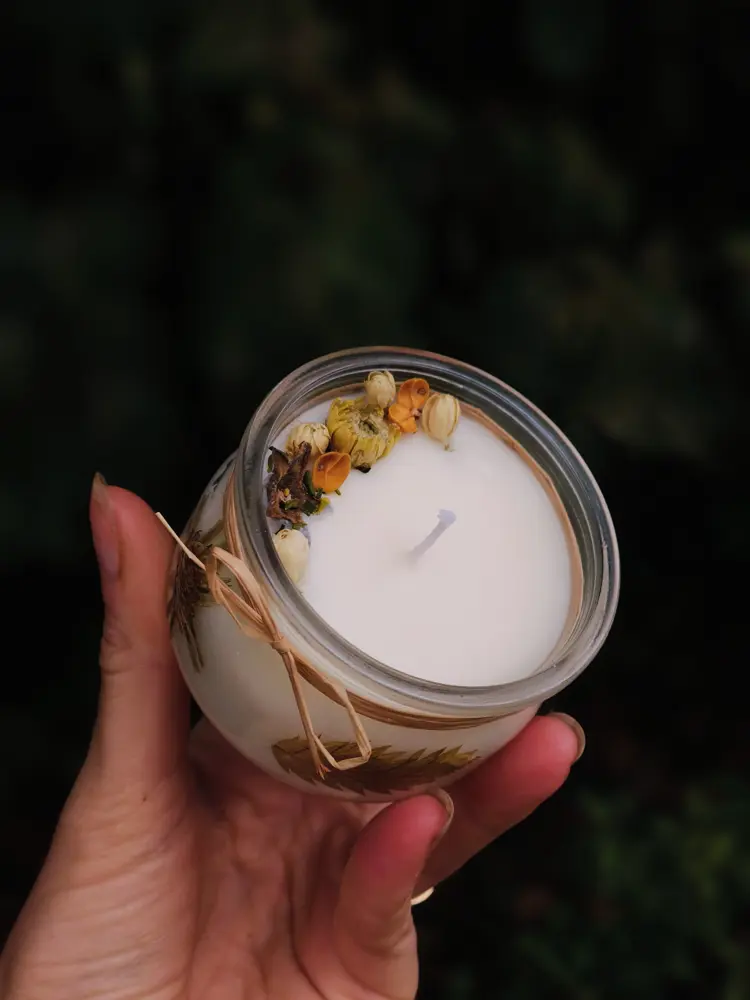 Bougies Artisanales parfumées - Pot avec fleurs pressées