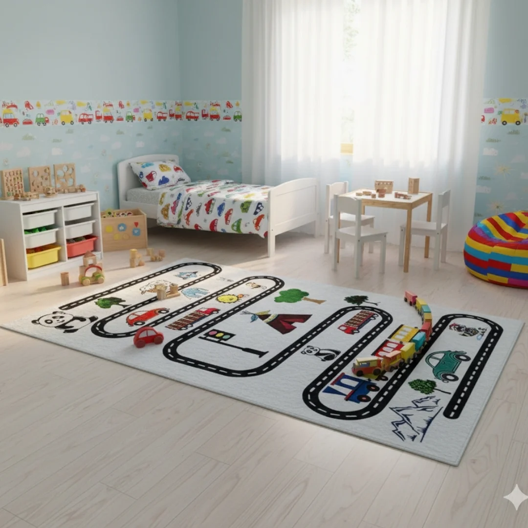 Dečiji tepih – put sa vozilima i životinjama (120 x 180cm)