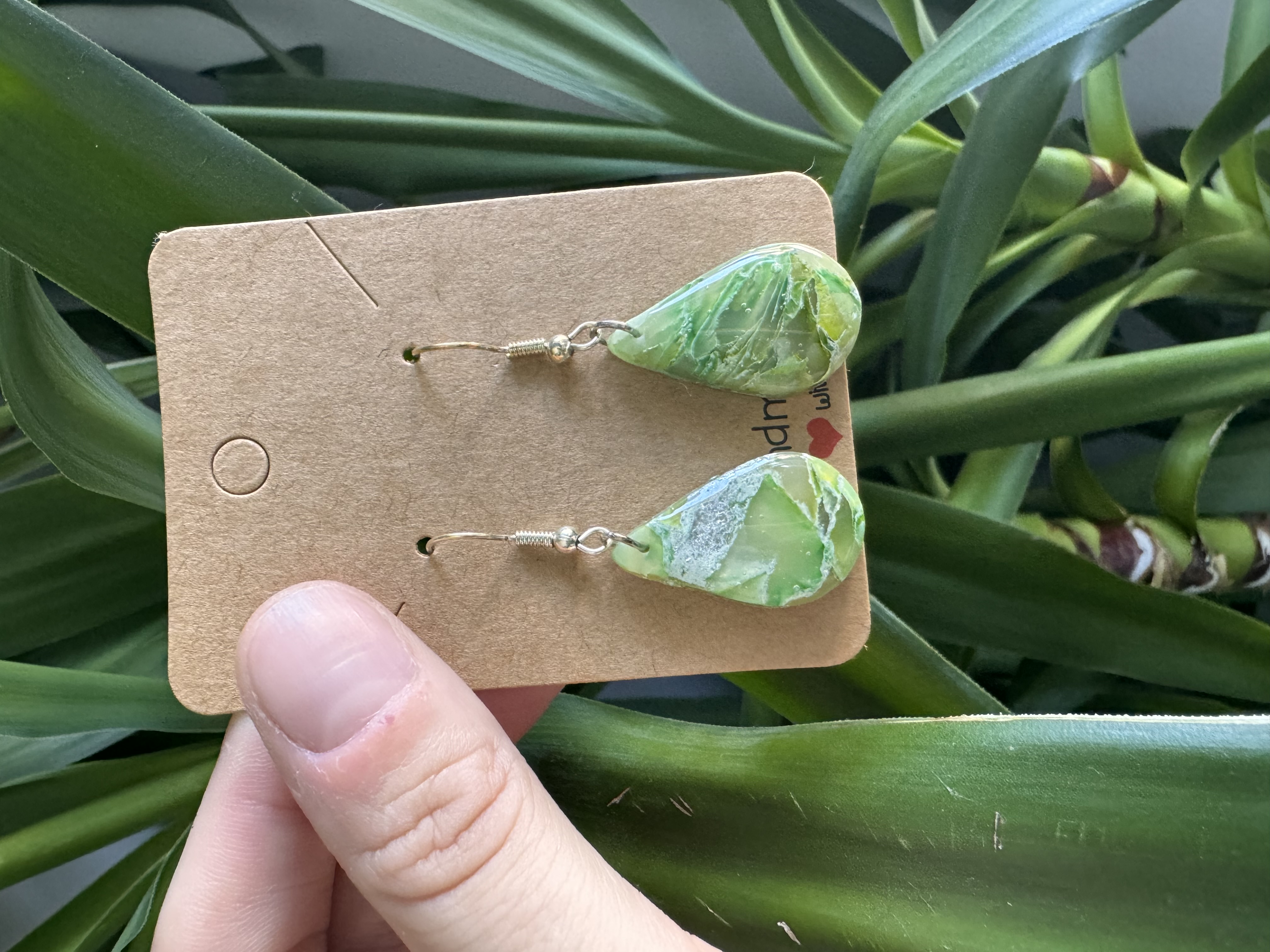 Handmade Unique Green Translucent Stone Effect Earrings