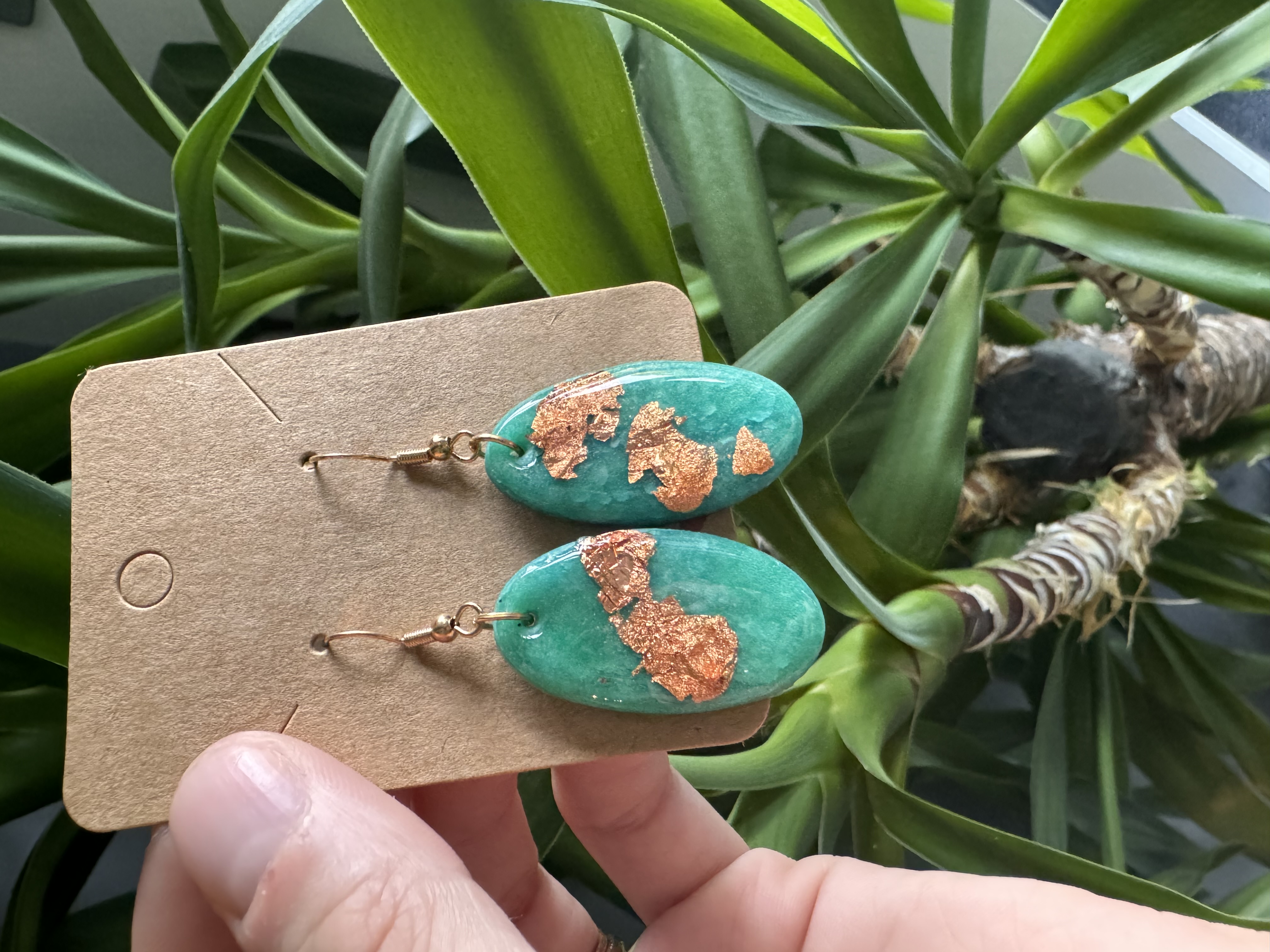 Handmade Unique Teal With Rose Gold Leaf Earrings
