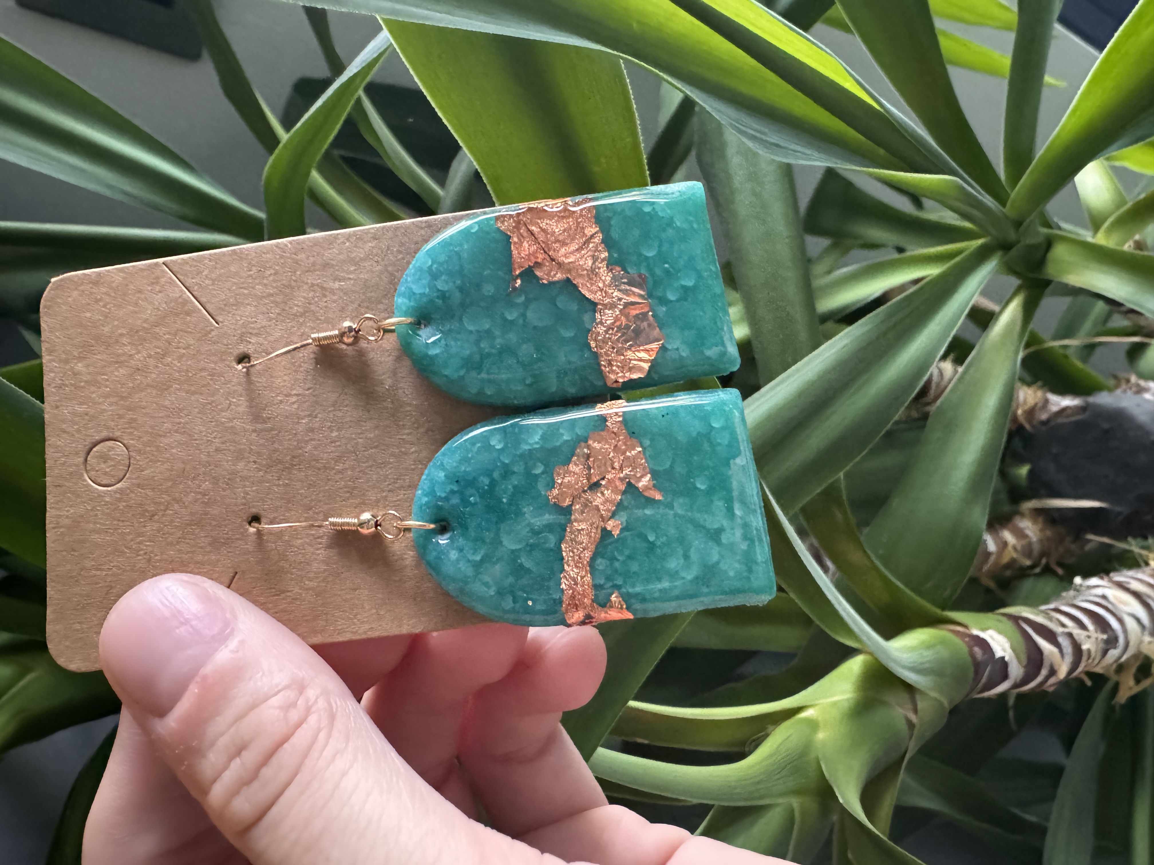 Handmade Unique Teal With Rose Gold Leaf Earrings