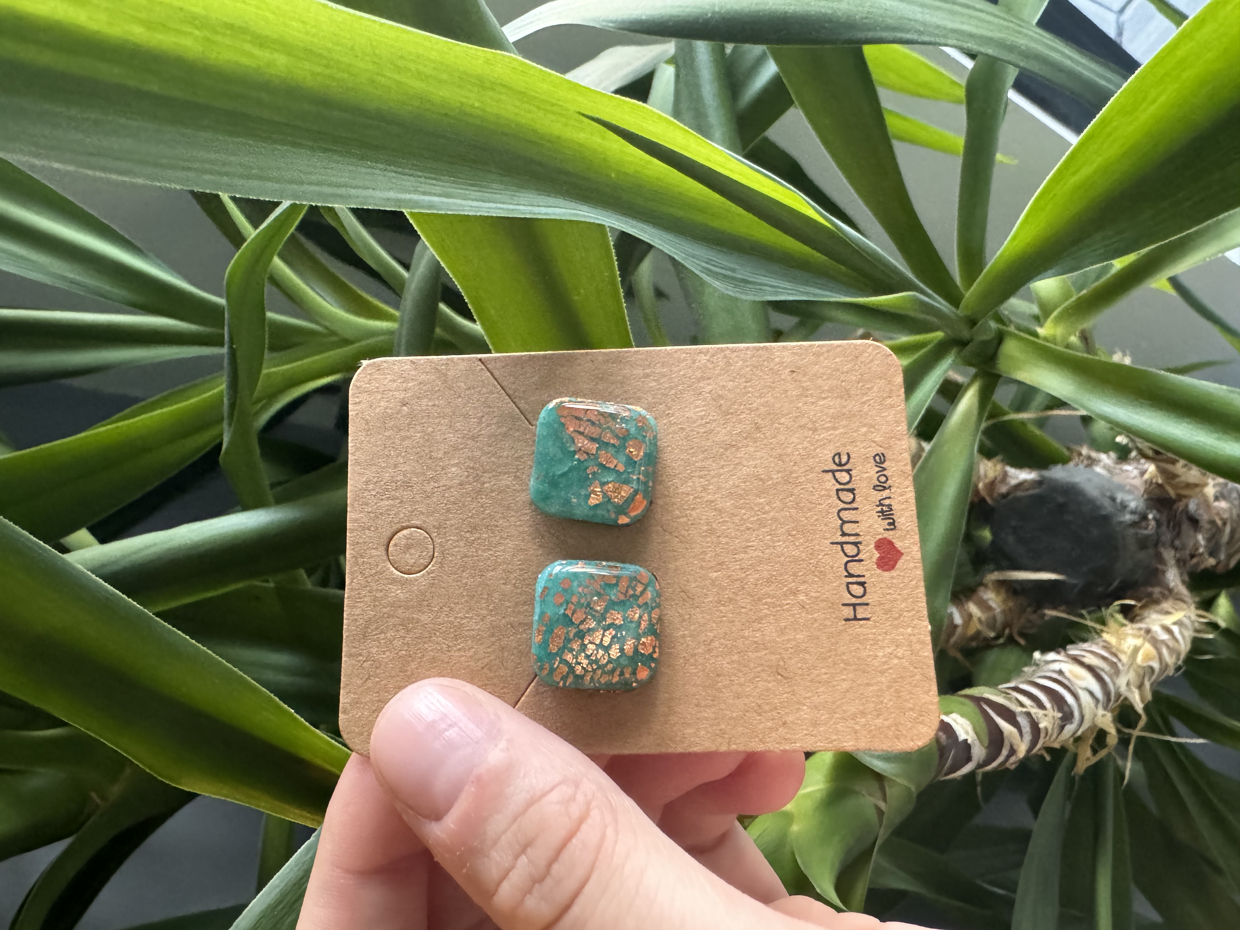 Handmade Unique Teal With Rose Gold Leaf Earrings