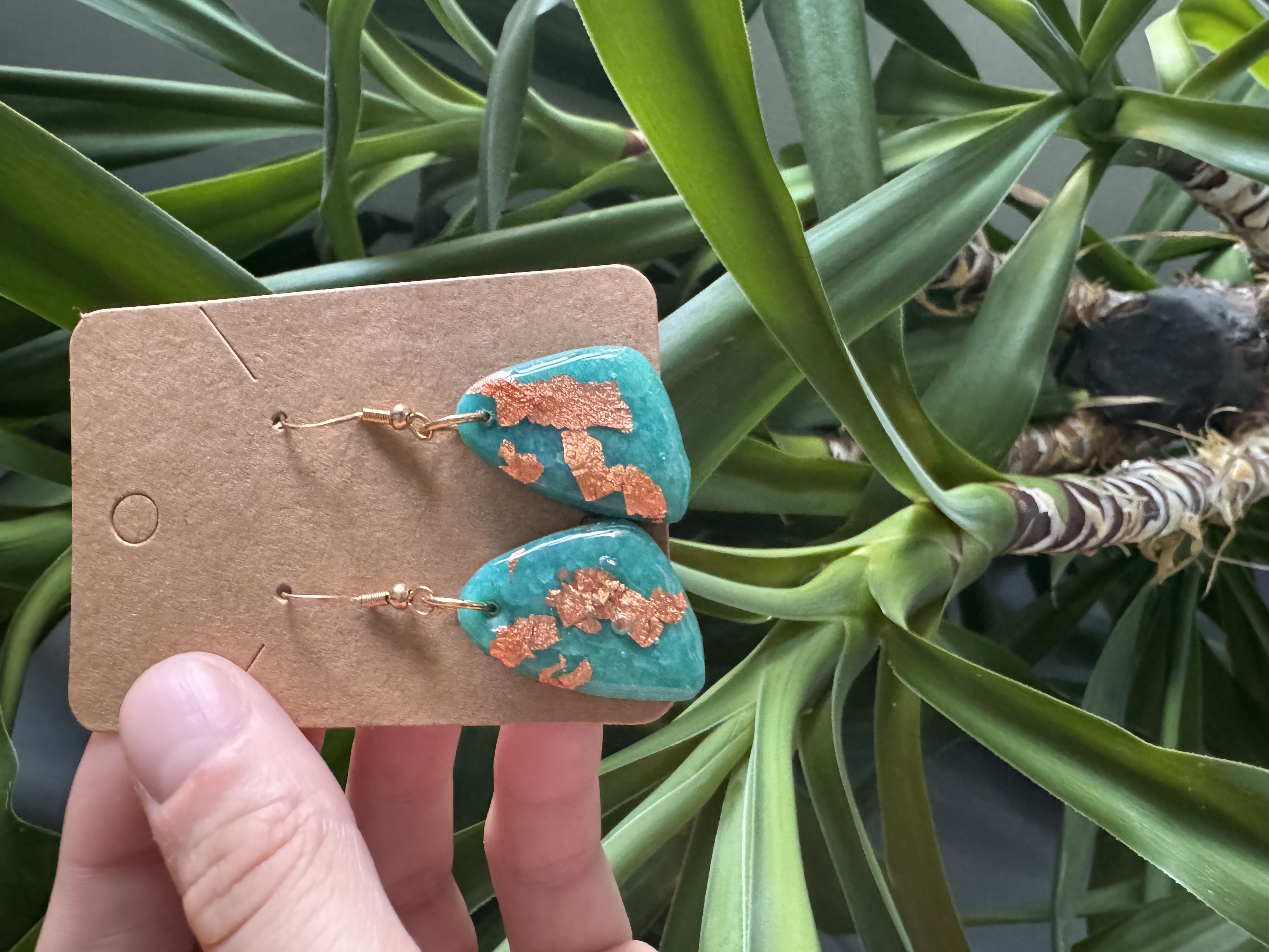 Handmade Unique Teal With Rose Gold Leaf Earrings