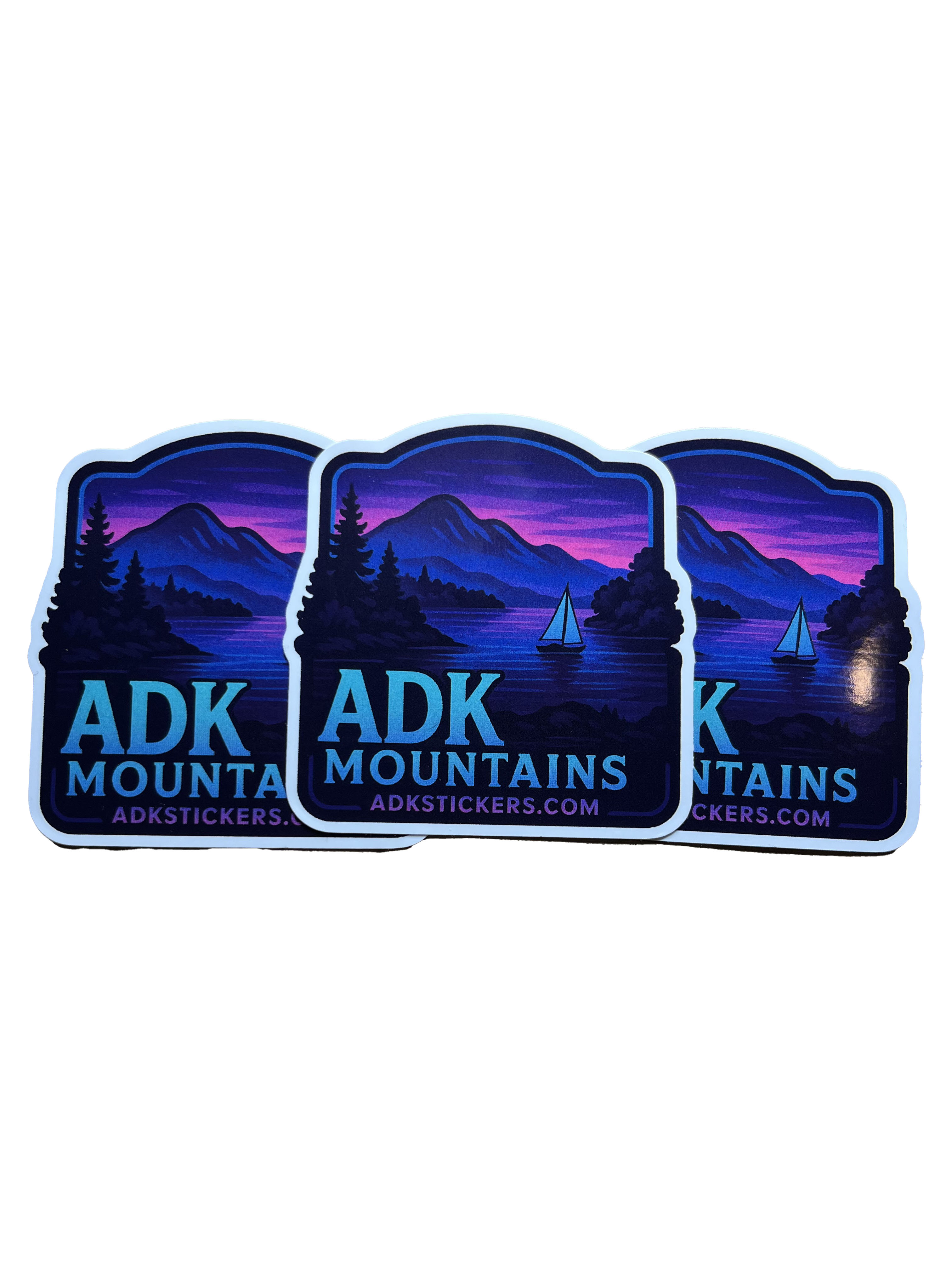 ADK Mountains Sunset Sticker 3-Pack • 3" Glossy Laminated Vinyl • Adirondack Mountain Lake Sticker • ADKstickers.com