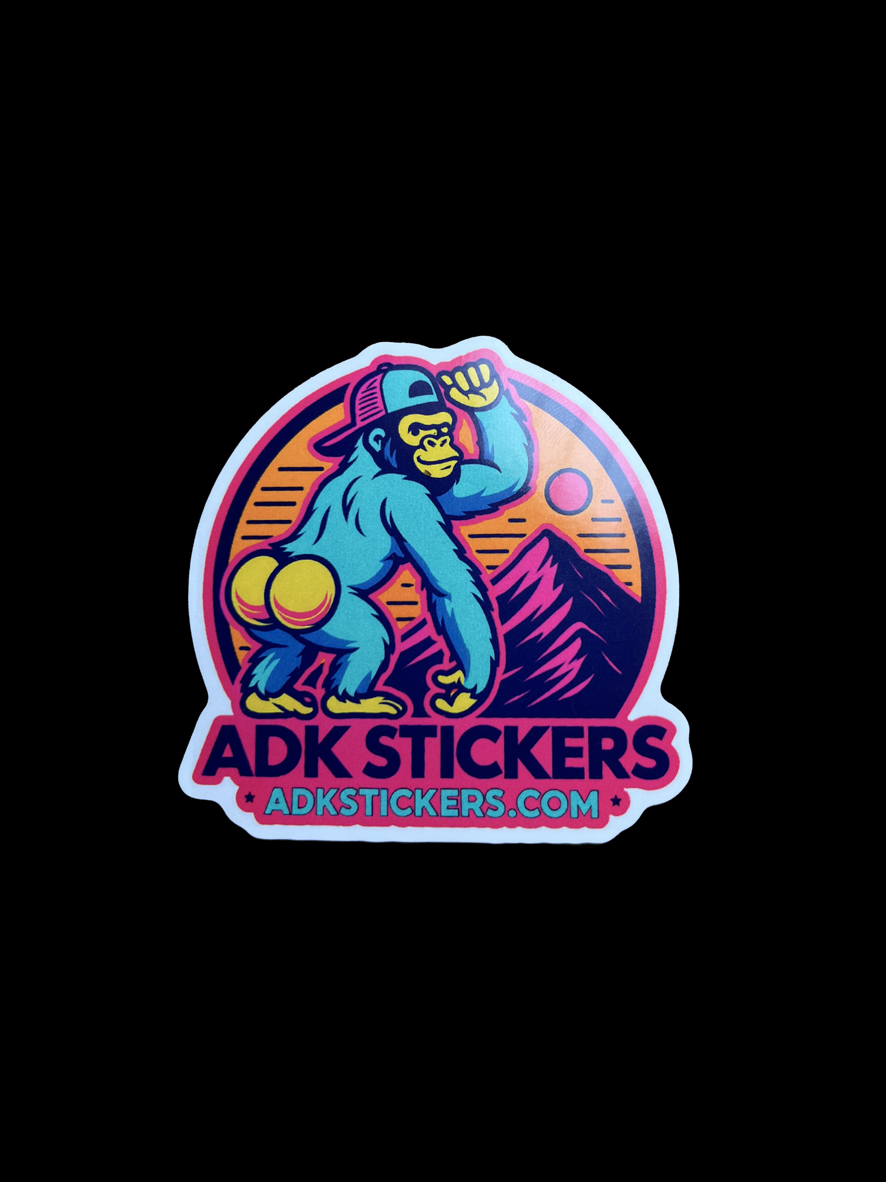 ADKstickers.com | Gorilla Butt Logo Stickers | Pink & Blue Glossy 2.75" Vinyl (3-Pack)