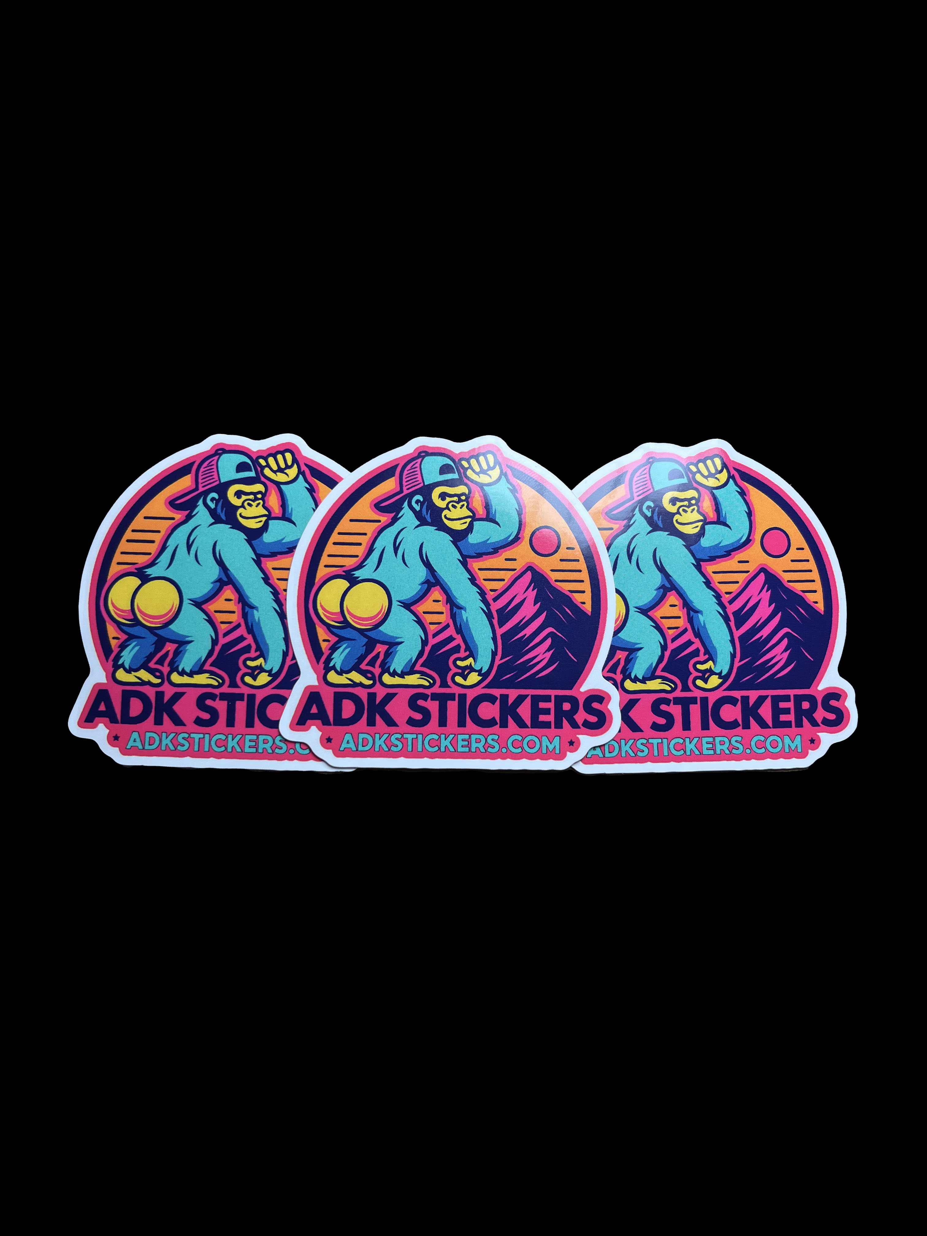 ADKstickers.com | Gorilla Butt Logo Stickers | Pink & Blue Glossy 2.75" Vinyl (3-Pack)