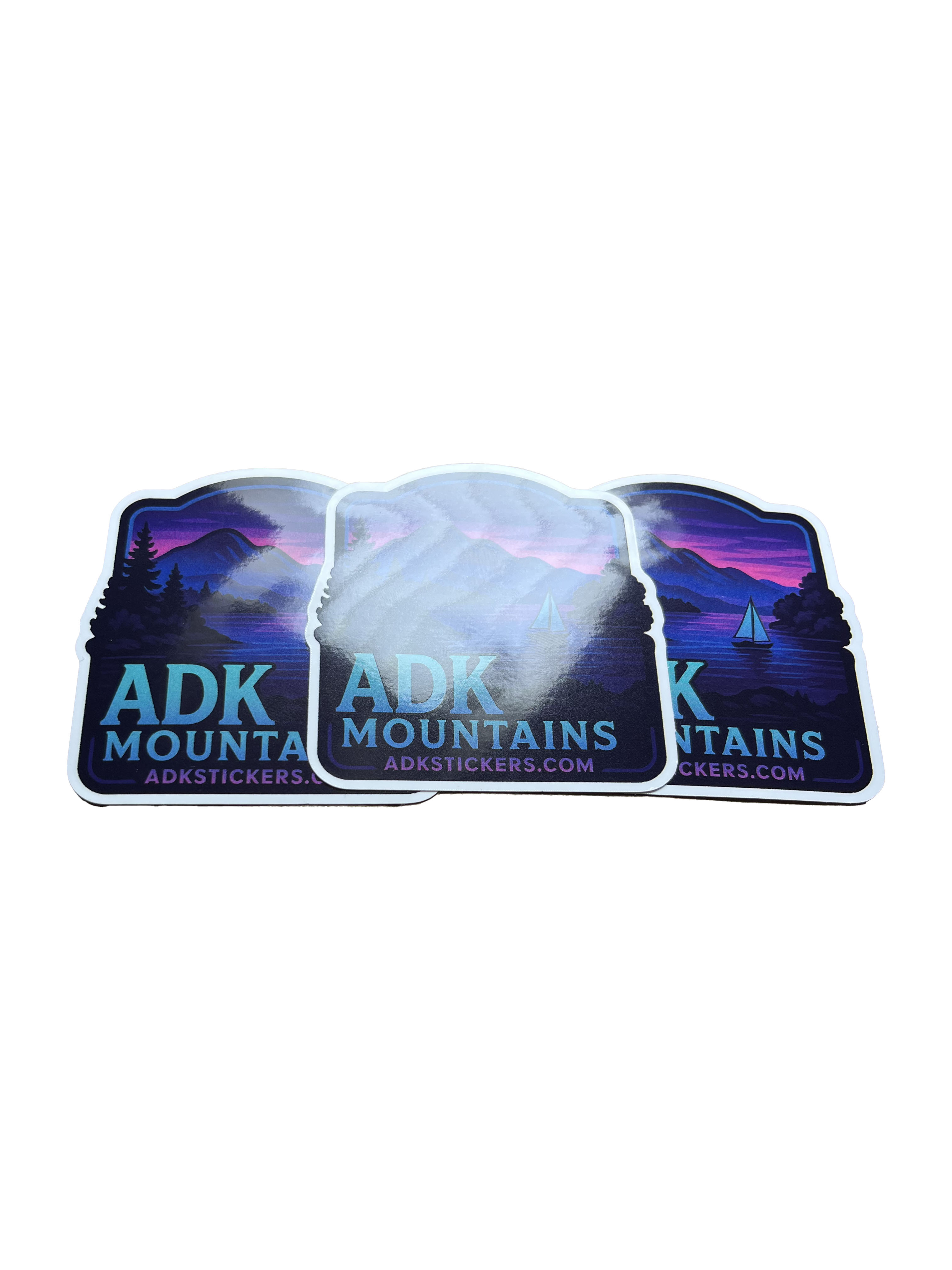 ADK Mountains Sunset Sticker 3-Pack • 3" Glossy Laminated Vinyl • Adirondack Mountain Lake Sticker • ADKstickers.com