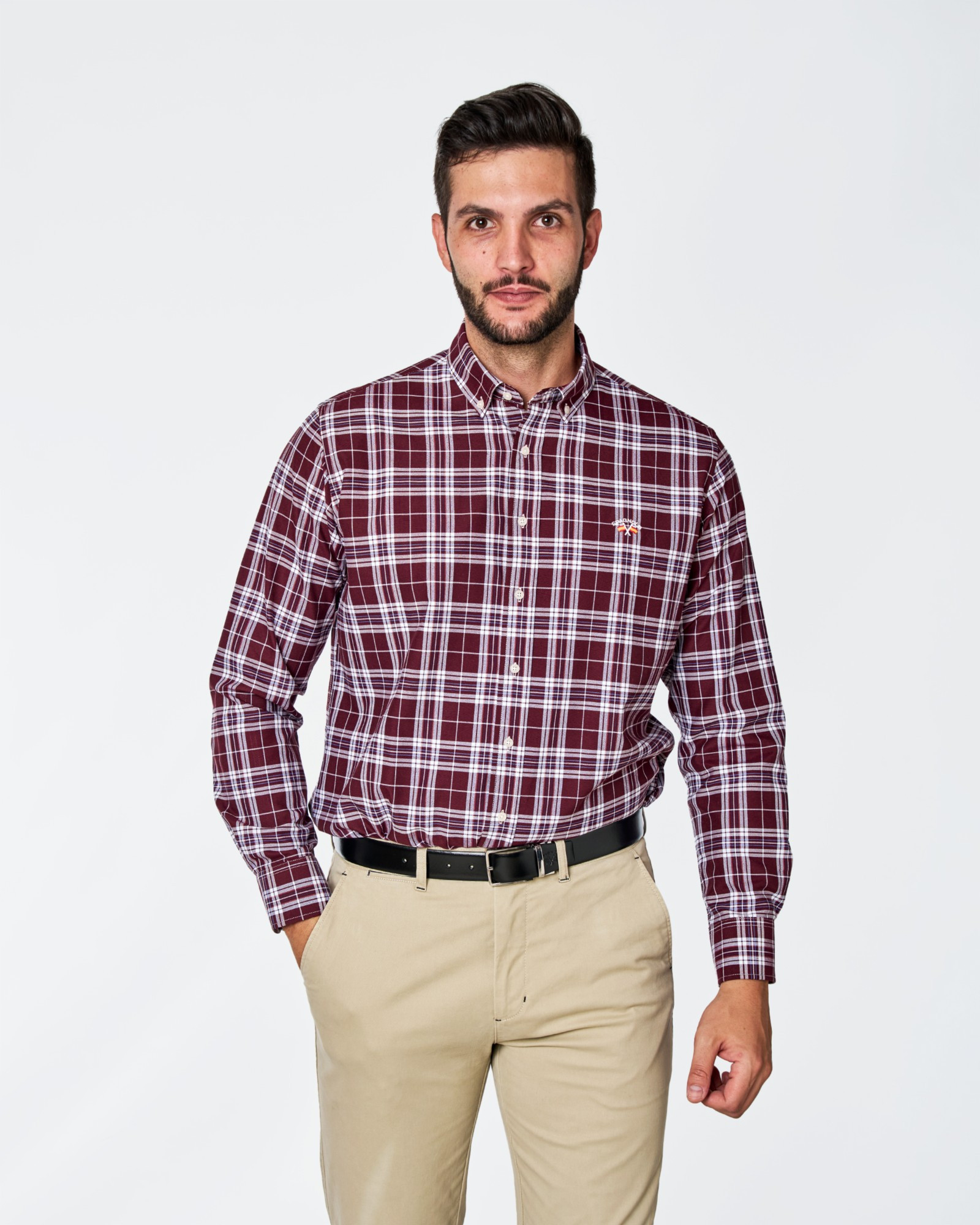 CAMISA OXFORD ESTAMPADO CUADROS BURDEOS