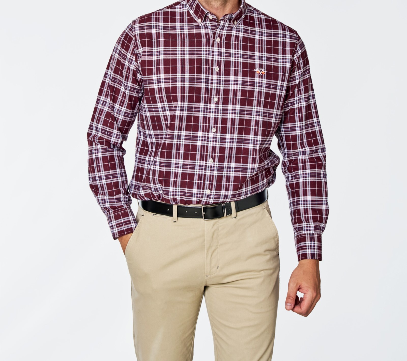 CAMISA OXFORD ESTAMPADO CUADROS BURDEOS