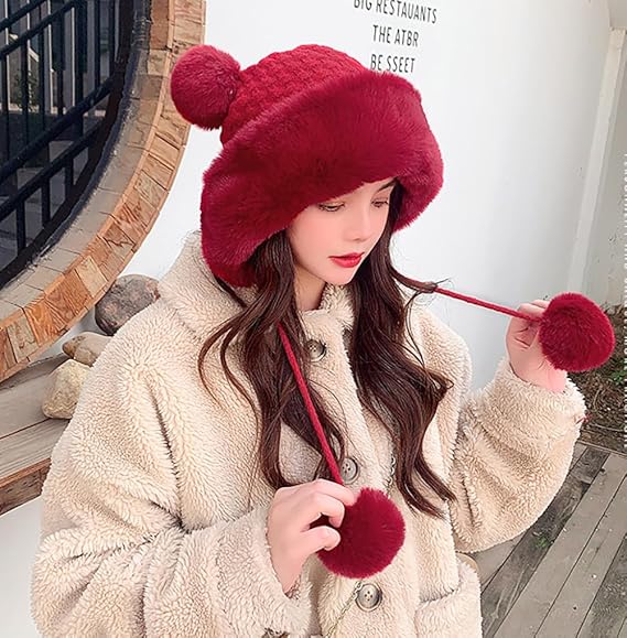 Red Winter Hat with Pompoms