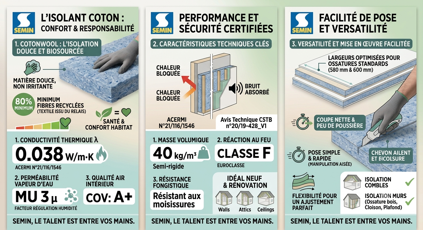 Isolation textile Biosourcé COTONWOOL PANNEAU 1200x600