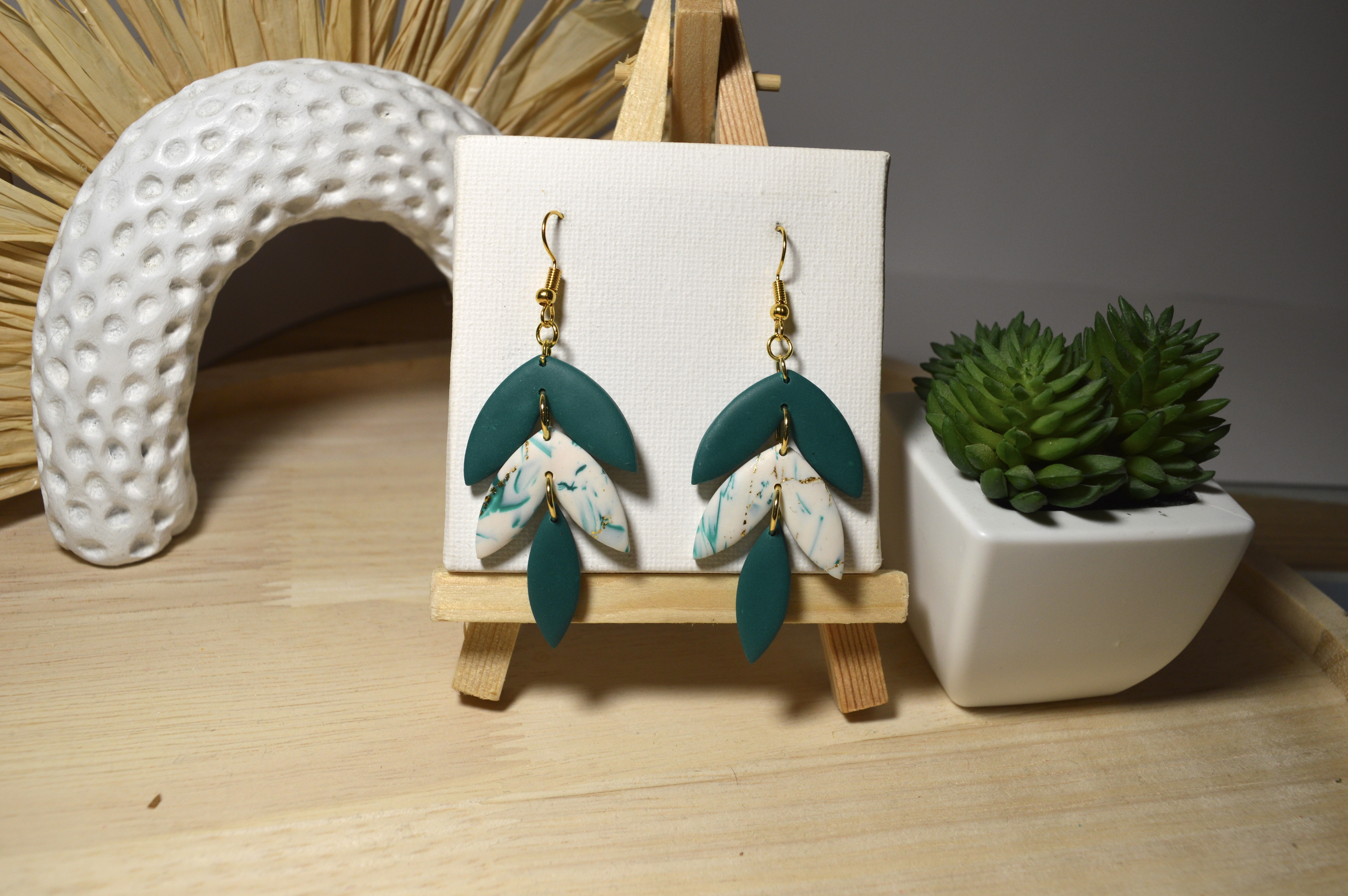 Boucles d’oreilles Paulette vert menthe et marbré blanc doré 
