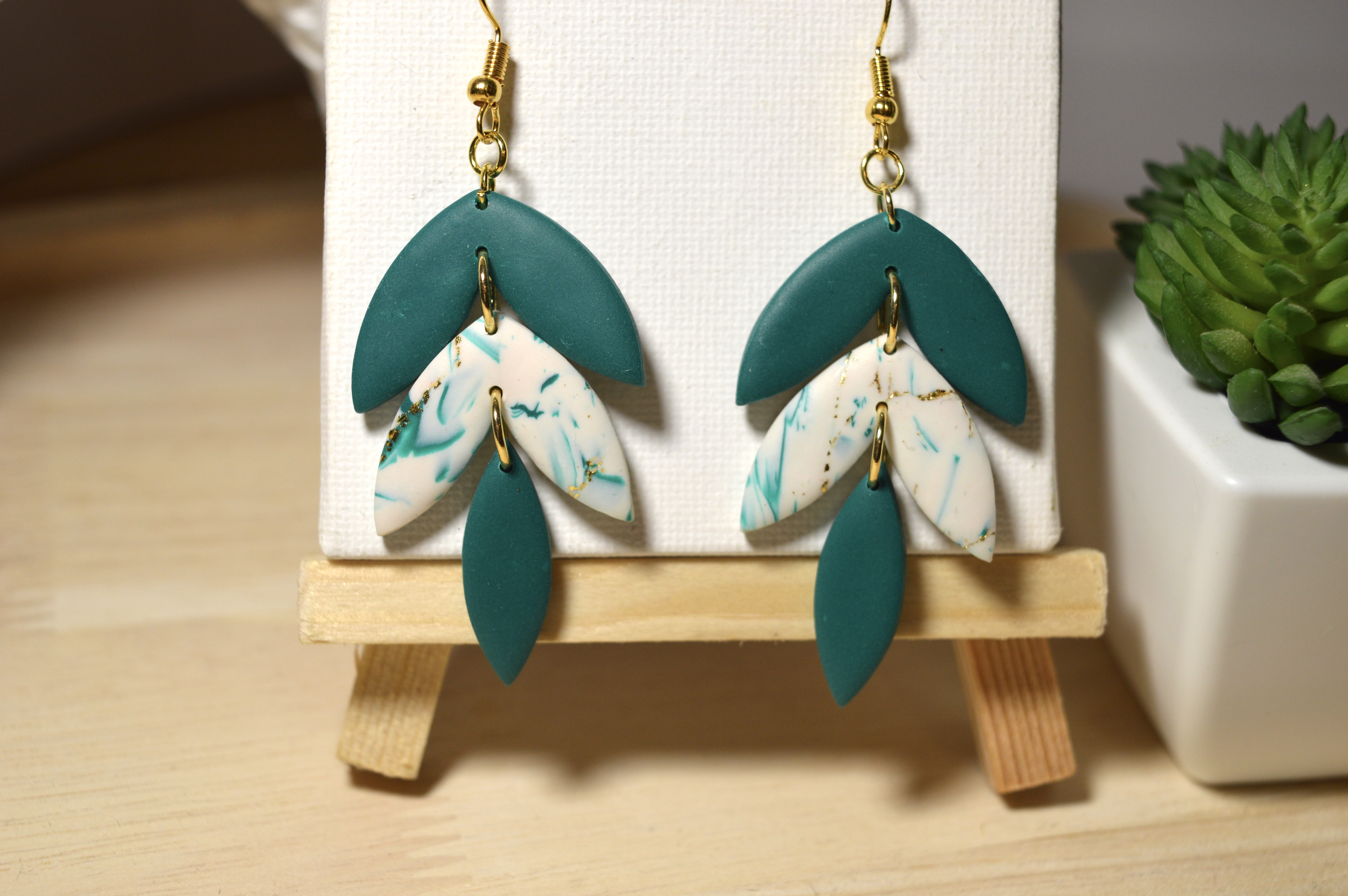 Boucles d’oreilles Paulette vert menthe et marbré blanc doré 