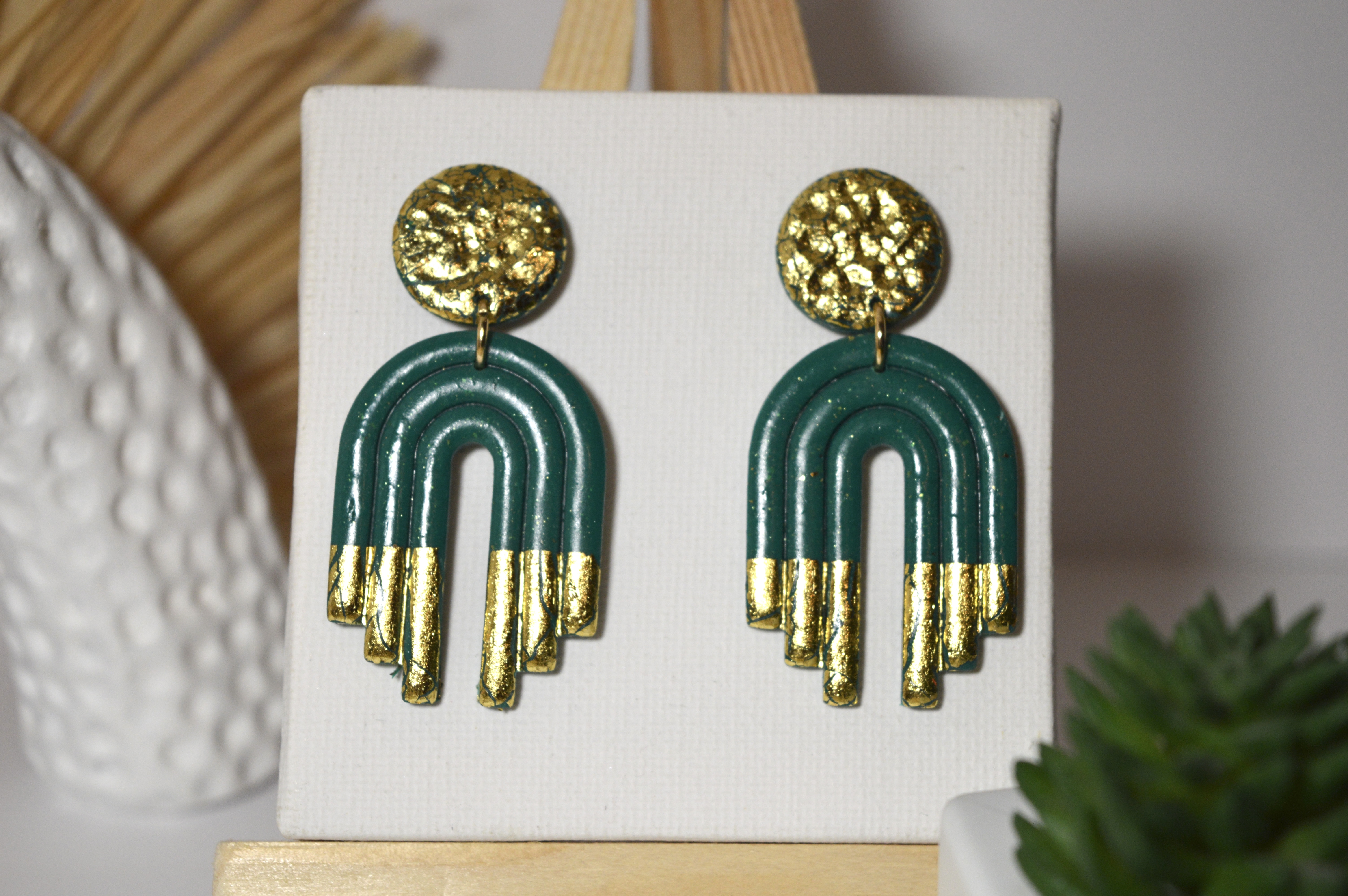 Boucles d'oreilles Ginette verte et doré 