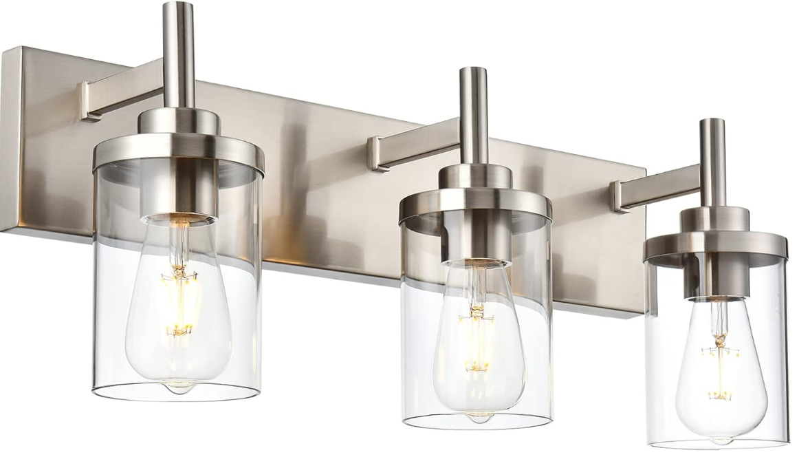 Light Fixtures,3-Light Modern Wall Sconce Lighting,Brushed Nickel Vanity Light with Clear Glass Shade Modern Bath Wall Mounted Lights for Mirror Bedroom Hallway Kitchen Living Room