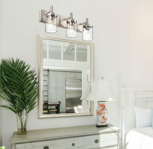Light Fixtures,3-Light Modern Wall Sconce Lighting,Brushed Nickel Vanity Light with Clear Glass Shade Modern Bath Wall Mounted Lights for Mirror Bedroom Hallway Kitchen Living Room