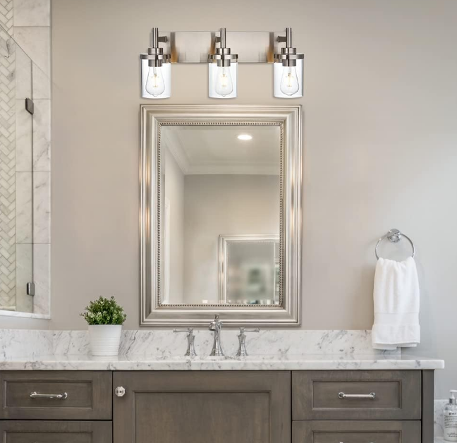 Light Fixtures,3-Light Modern Wall Sconce Lighting,Brushed Nickel Vanity Light with Clear Glass Shade Modern Bath Wall Mounted Lights for Mirror Bedroom Hallway Kitchen Living Room