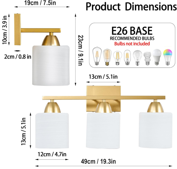 Bathroom Light Fixtures - 3 Light Modern Vanity Light Over Mirror, 19in Wall Sconces with Milky White Frosted Glass Shades, E26 Socket (Bulbs Not Included)
