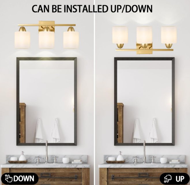 Bathroom Light Fixtures - 3 Light Modern Vanity Light Over Mirror, 19in Wall Sconces with Milky White Frosted Glass Shades, E26 Socket (Bulbs Not Included)