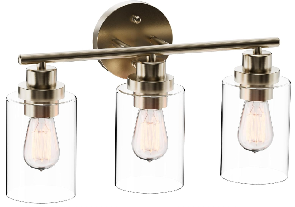 3 Lights Bathroom Vanity Light Fixtures, Brushed Nickel with Clear Glass, 120V, Modern Farmhouse Wall Mounted Sconces for Living Room, Kitchen, Hallway, Porch, E26 Base (Bulbs Excluded), ETL