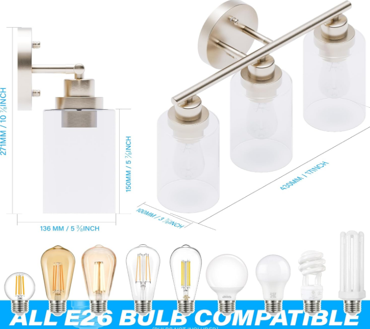 3 Lights Bathroom Vanity Light Fixtures, Brushed Nickel with Clear Glass, 120V, Modern Farmhouse Wall Mounted Sconces for Living Room, Kitchen, Hallway, Porch, E26 Base (Bulbs Excluded), ETL