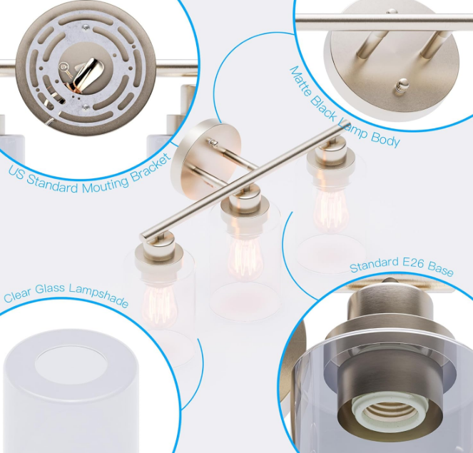 3 Lights Bathroom Vanity Light Fixtures, Brushed Nickel with Clear Glass, 120V, Modern Farmhouse Wall Mounted Sconces for Living Room, Kitchen, Hallway, Porch, E26 Base (Bulbs Excluded), ETL