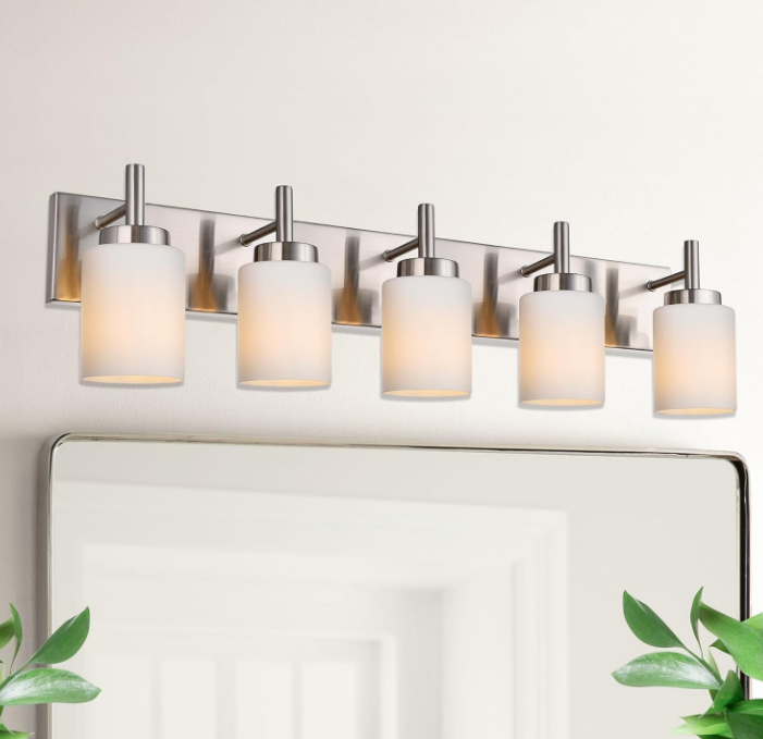 5 Light Bathroom Light Fixtures in Brushed Nickel Finish Metal Base Wall Mount Lighting with White Glass Shade Bath Wall Sconces for Mirror, Kitchen,Hallway