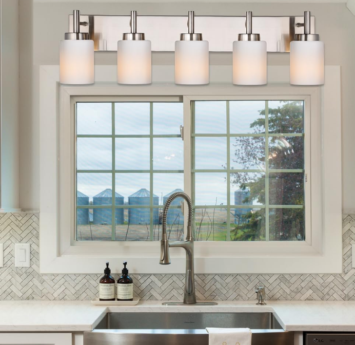 5 Light Bathroom Light Fixtures in Brushed Nickel Finish Metal Base Wall Mount Lighting with White Glass Shade Bath Wall Sconces for Mirror, Kitchen,Hallway