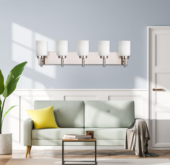 5 Light Bathroom Light Fixtures in Brushed Nickel Finish Metal Base Wall Mount Lighting with White Glass Shade Bath Wall Sconces for Mirror, Kitchen,Hallway