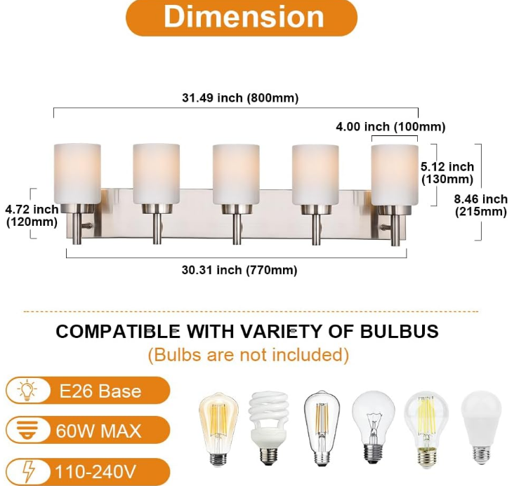 5 Light Bathroom Light Fixtures in Brushed Nickel Finish Metal Base Wall Mount Lighting with White Glass Shade Bath Wall Sconces for Mirror, Kitchen,Hallway