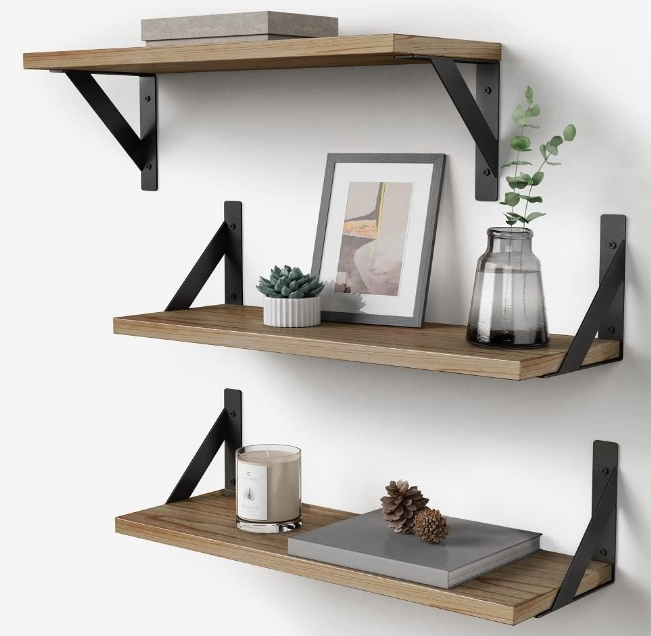 Floating Shelves with Black Metal Brackets Set of 3, Light Wood Wall Bookshelf for Bedroom Over Desk Bed, Hanging Shelf for Office Kitchen Living Room, Bathroom Over Toilet (Natural Color)