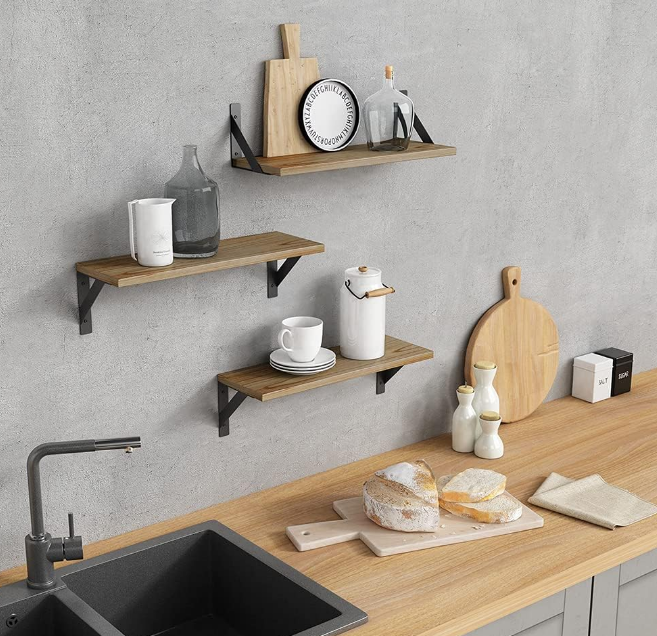 Floating Shelves with Black Metal Brackets Set of 3, Light Wood Wall Bookshelf for Bedroom Over Desk Bed, Hanging Shelf for Office Kitchen Living Room, Bathroom Over Toilet (Natural Color)