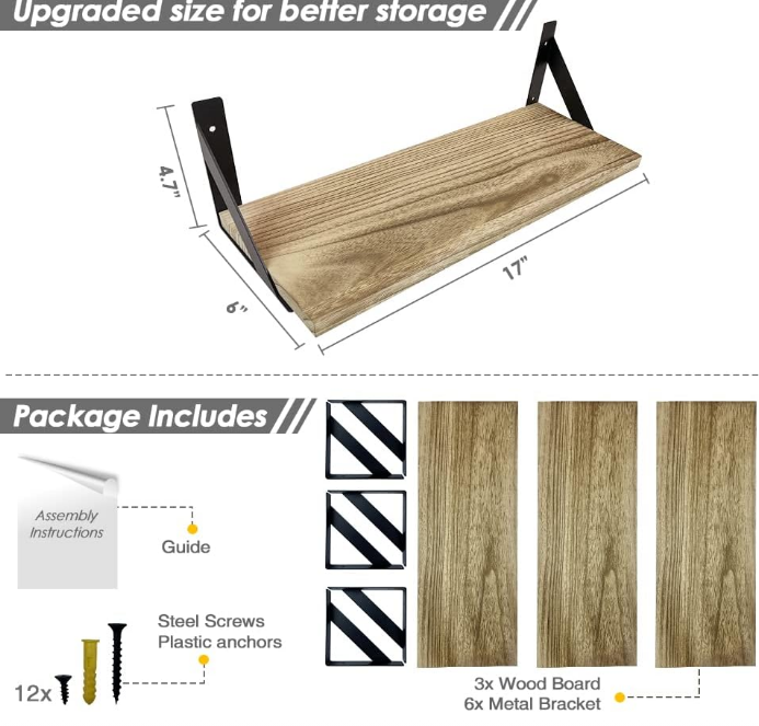 Floating Shelves with Black Metal Brackets Set of 3, Light Wood Wall Bookshelf for Bedroom Over Desk Bed, Hanging Shelf for Office Kitchen Living Room, Bathroom Over Toilet (Natural Color)