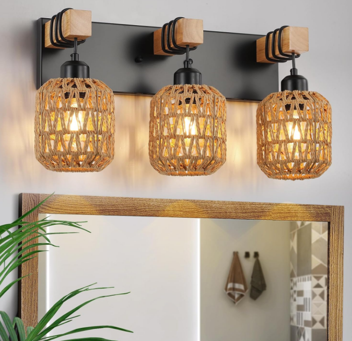 3 Light Bathroom Vanity Light Fixtures， Rustic Style Wood Bathroom Wall Sconce， with Boho Wicker Lampshade，Suitable for Bedroom, Hallway, and Living Room，Rattan Black Farmhouse Wall Sconce
