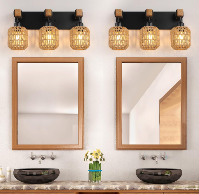 3 Light Bathroom Vanity Light Fixtures， Rustic Style Wood Bathroom Wall Sconce， with Boho Wicker Lampshade，Suitable for Bedroom, Hallway, and Living Room，Rattan Black Farmhouse Wall Sconce