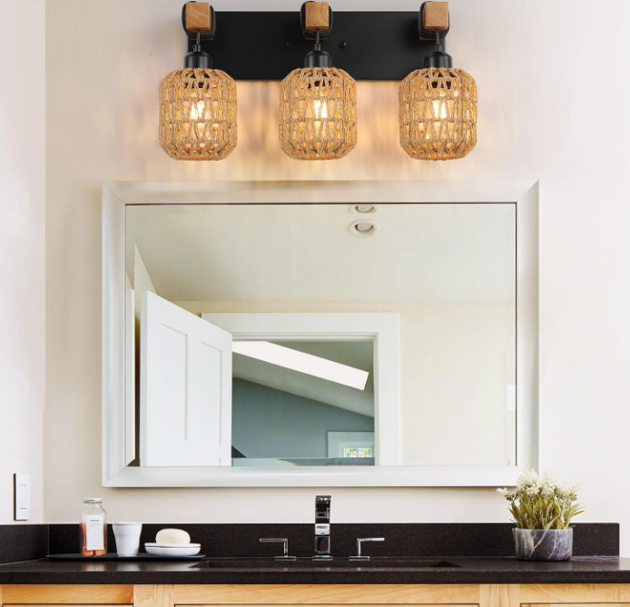 3 Light Bathroom Vanity Light Fixtures， Rustic Style Wood Bathroom Wall Sconce， with Boho Wicker Lampshade，Suitable for Bedroom, Hallway, and Living Room，Rattan Black Farmhouse Wall Sconce