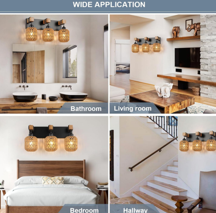3 Light Bathroom Vanity Light Fixtures， Rustic Style Wood Bathroom Wall Sconce， with Boho Wicker Lampshade，Suitable for Bedroom, Hallway, and Living Room，Rattan Black Farmhouse Wall Sconce