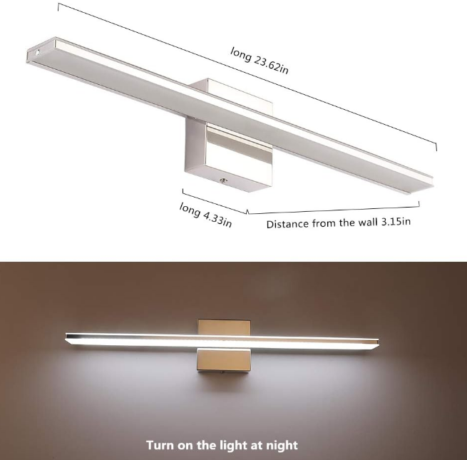 Chrome Bathroom Light Fixtures 24 Inch Bathroom Wall Light IP44 14W Vanity Light Bar Modern LED Lights for Bathroom Rectangle Bathroom Lamps Over Mirror Acrylic Bathroom Sink Lights