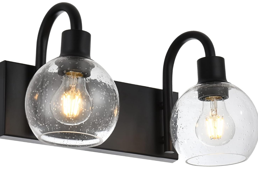 Bathroom Vanity Light with Globe Seeded Glass 2-Lights Industrial Black Wall Sconce Lighting for Foyer Hallway